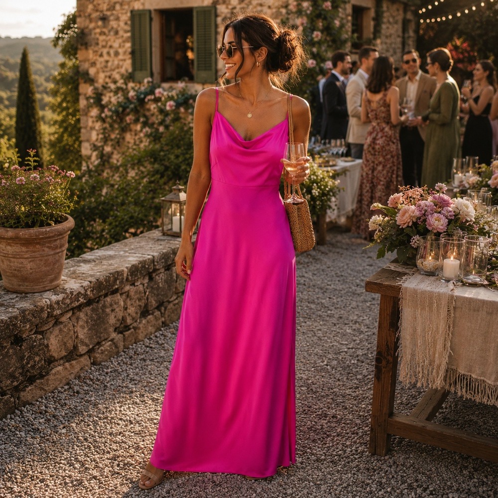 Anthro BHLDN Hot Pink Cowl Neck Spaghetti Strap Maxi Bridesmaid Prom Dress 16